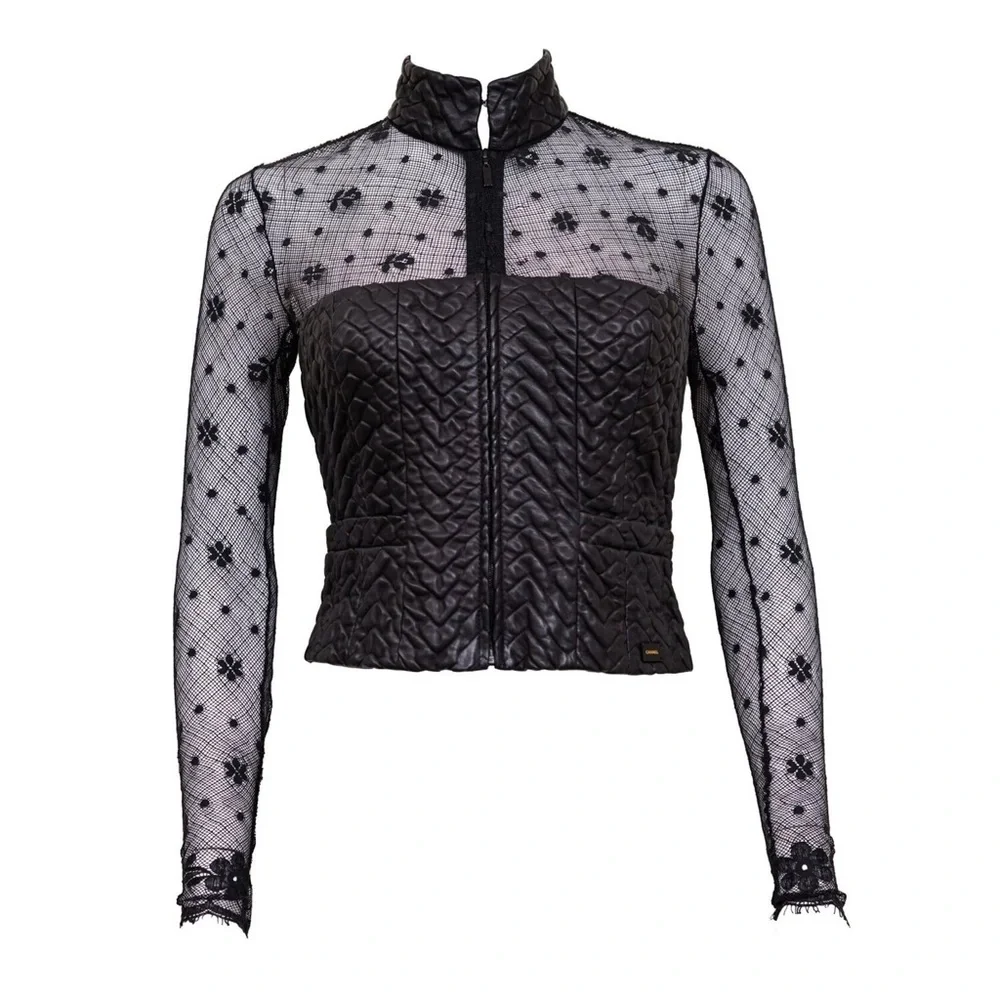 Chanel 2003 Floral Lace & Leather Jacket - Picture 1 of 7
